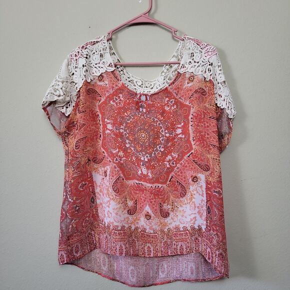 Style&co. Tops - Style & Co. Womens Multicolor Floral Lace Short Sleeve Hi Low Blouse Top Size M